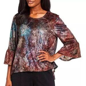 Bryn Walker Fran Shirt S Moondance Tie Dye Velvet Ruffle Sleeve Hi-Low Blouse